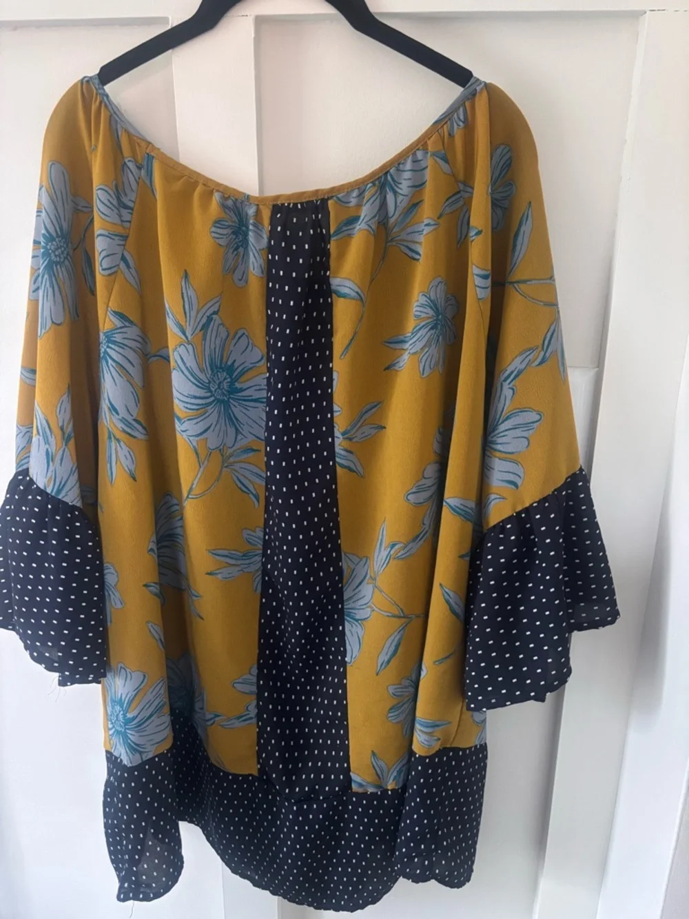 Boutique Mixed-Print Floral Tunic 🌼 Mustard & Navy | ODDY 1XL NWOT Boho Chic - Picture 5 of 5